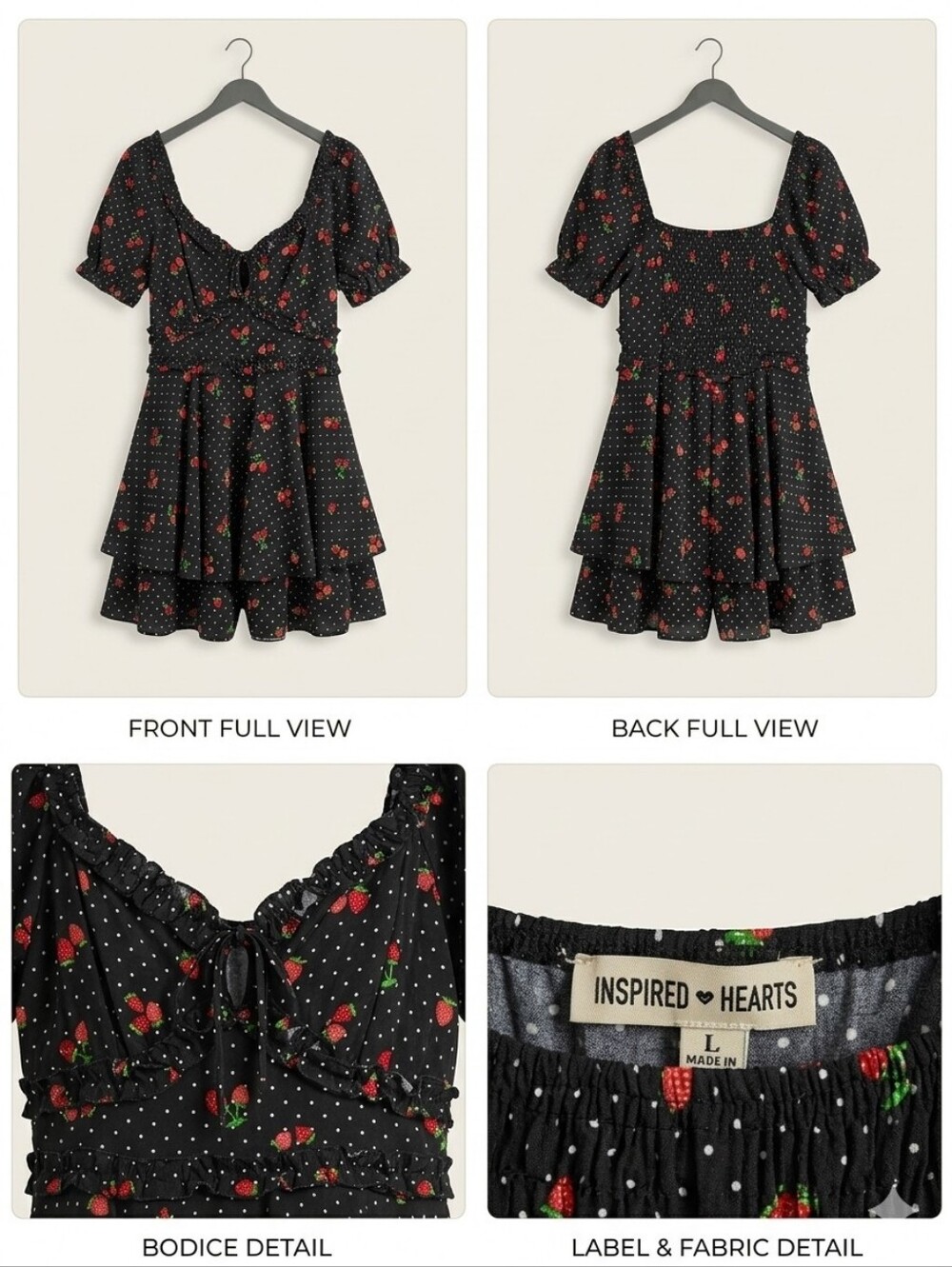 Inspired Hearts Black Polka Dot Romper with Red Strawberry Print
